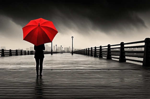 Personne avec un parapluie rouge sous la pluie