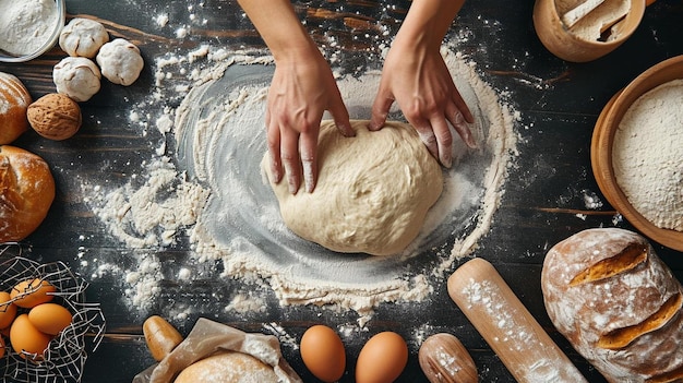 une personne pétrit une boule de pain sur une table