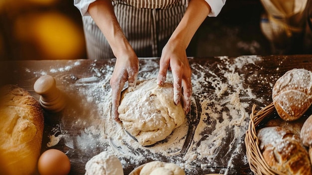 une personne pétrit une pâte sur une table