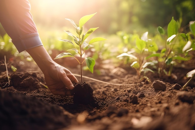 Une personne plantant un arbre dans un champ