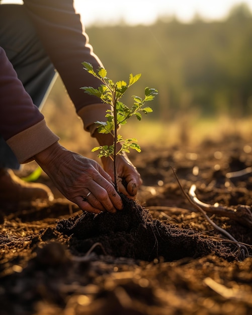 Une personne plantant un arbre dans un champ