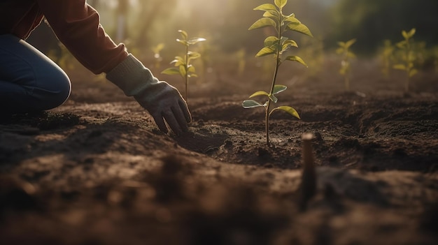 Personne plantant des arbres dans un jardin communautaire pour promouvoir la production alimentaire locale Generative AI