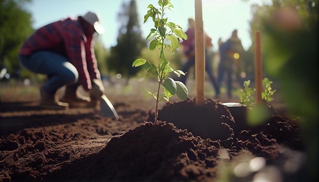 Personne plantant des arbres ou travaillant dans un jardin communautaire faisant la promotion de la production alimentaire locale et du concept de restauration de l'habitat de la durabilité et de l'engagement communautaire IA générative