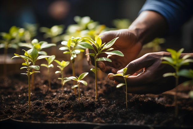 Personne plantant des arbres ou travaillant dans un jardin communautaire favorisant la production alimentaire locale et l'habitat