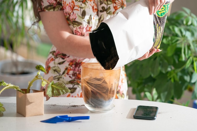 personne plantant une plante femme plantant des fleurs transplantant une fleur dans un pot