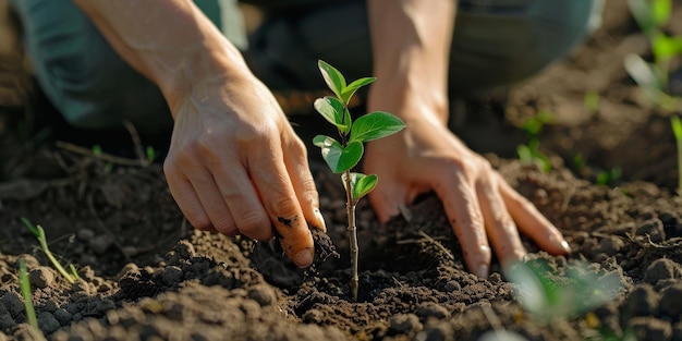 Une personne plante un petit arbre dans la terre.