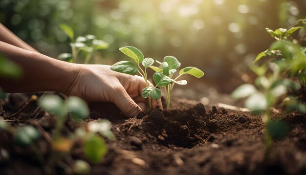 Une personne plante une plante dans un jardin