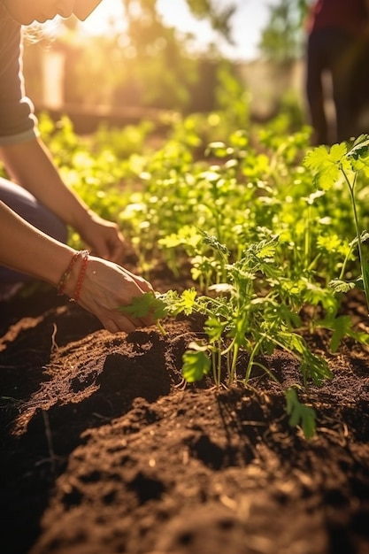 Une personne plante une plante dans un jardin.