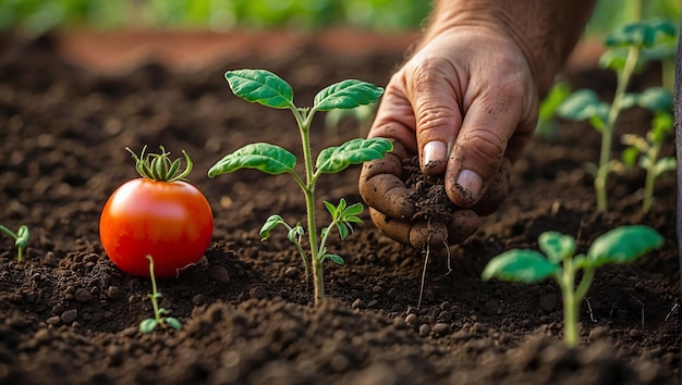 Photo une personne plante une tomate dans un jardin.