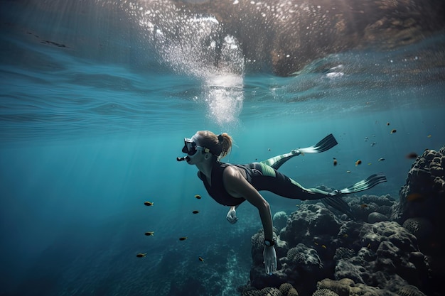 Personne plongeant sous l'eau et témoin de la beauté de l'océan en personne créée avec une IA générative