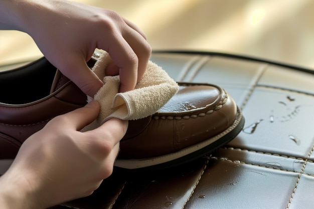 Une personne polie une chaussure en cuir avec un tissu doux