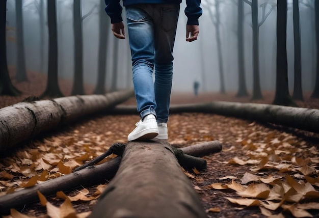 Une personne portant des baskets blanches et des jeans bleus marche sur un tronc tombé dans une forêt avec des feuilles tombées