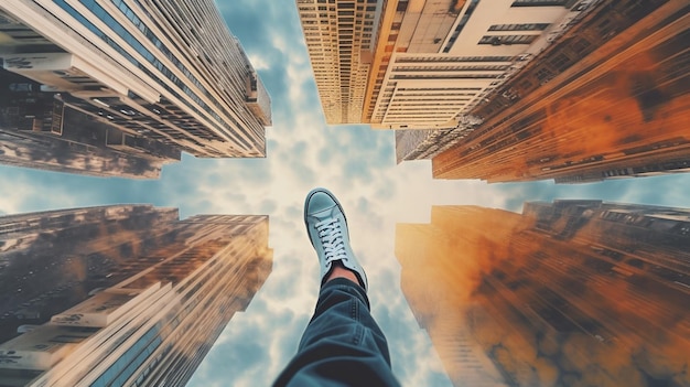 Une personne portant des baskets avec des lacets blancs et un fond de ciel bleu