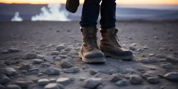 une personne portant des bottes qui se tient sur une surface rocheuse