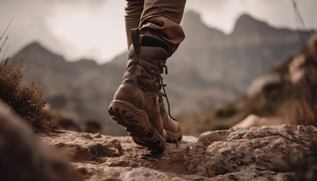 Une personne portant des bottes de randonnée traverse une montagne rocheuse.