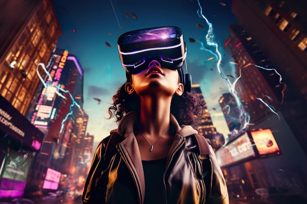 Une personne portant un casque de réalité virtuelle explorant le monde métavers de la ville du futur