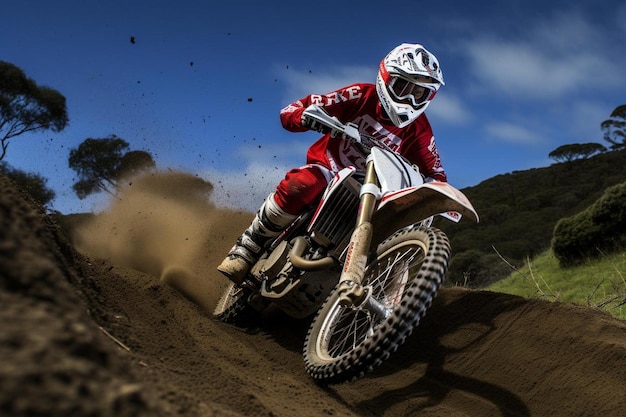 une personne portant un casque rouge et blanc roule sur une moto tout-terrain.