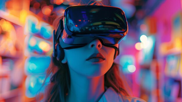 Photo une personne portant un casque vr dans un studio d'art vibrant