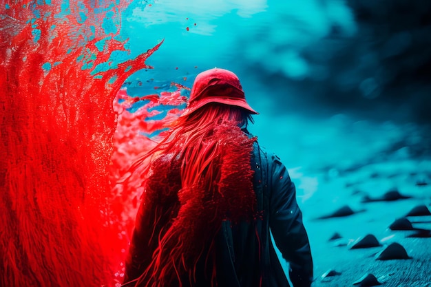 Une personne portant un chapeau rouge marche dans une eau bleue avec une peinture rouge qui éclabousse son dos.