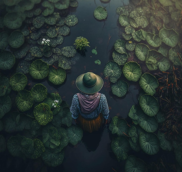 Une personne portant un chapeau se tient dans un étang avec des nénuphars sur l'eau.