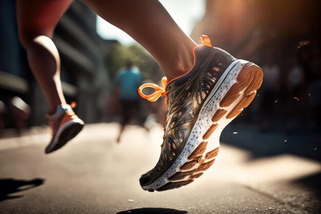 Une personne portant une chaussure de course est représentée du bas.