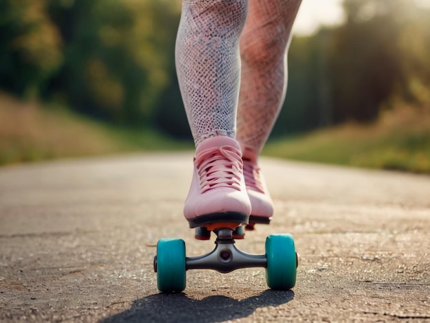 une personne portant une chaussure de tennis rose fait de la planche à roulettes