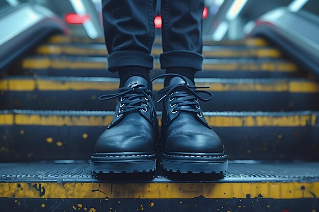 Une personne portant des chaussures noires sur un escalier mécanique