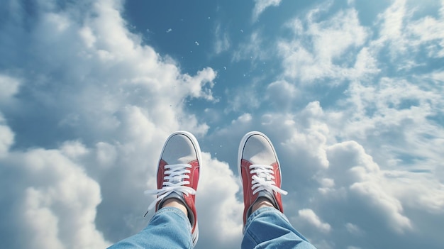 Une personne portant des chaussures rouges se tient dans les nuages et regarde le ciel.