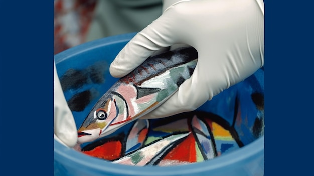 Une personne portant un gant met un poisson dans une poubelle bleue.