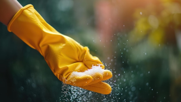 Personne portant des gants en caoutchouc jaune tenant une autre paire de gants en caoutchouc jaune