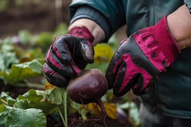 Une personne portant des gants tient une betterave dans un jardin.