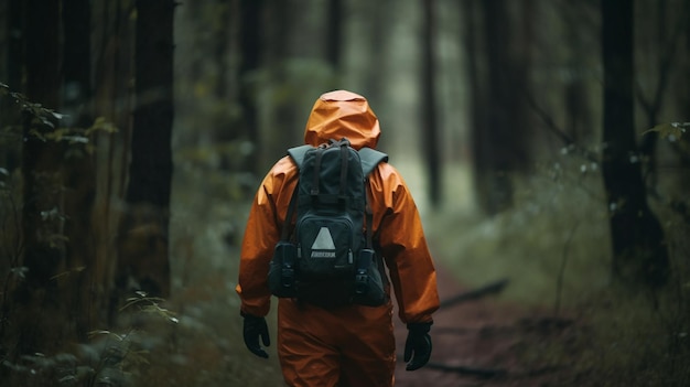 Une personne portant un imperméable orange se promène dans une forêt portant un imperméable orange.