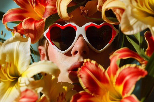 Photo une personne portant des lunettes de soleil en forme de cœur, le visage encadré de lis.