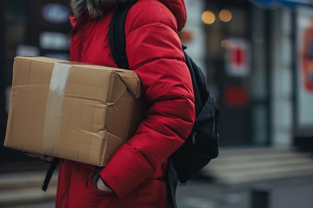 une personne portant un manteau rouge avec une boîte en carton sur le dos