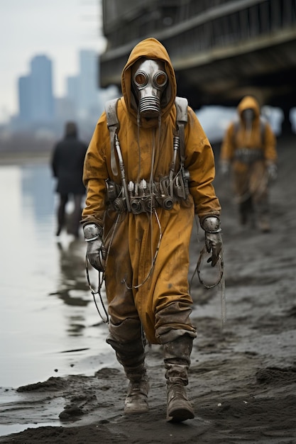 une personne portant un masque à gaz marchant sur une plage