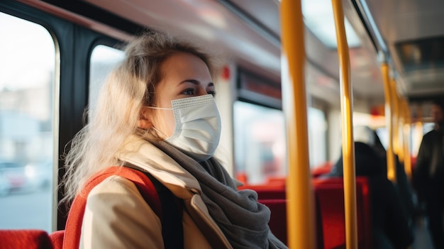 une personne portant un masque de sécurité à l'intérieur d'un bus prend des mesures de sécurité pendant le voyage