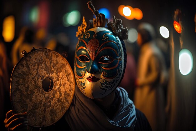 une personne portant un masque très créatif pour le festival des lanternes, ai générative