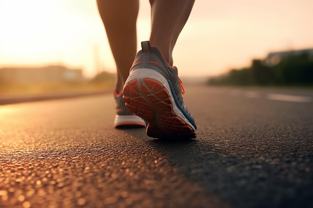 une personne portant une paire de baskets marche sur une route.