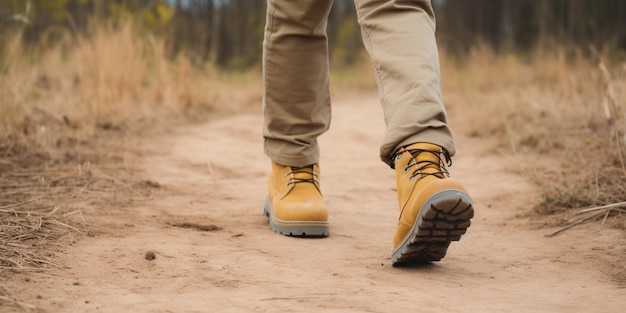 Une personne portant une paire de bottes marron marchant sur un chemin de terre.