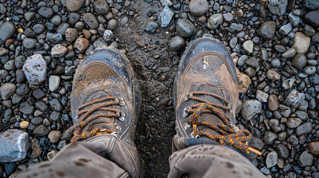 Une personne portant une paire de bottes de randonnée se tient sur une plage rocheuse. Les bottes sont couvertes de boue et d'eau.