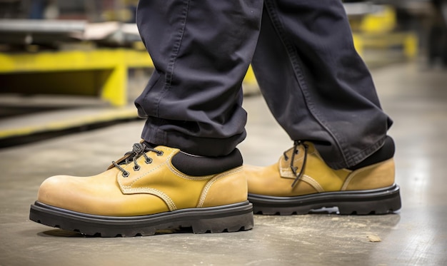 Une personne portant une paire de bottes de travail se tient debout sur un sol en béton.