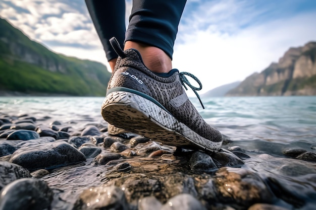 Une personne portant une paire de chaussures de course adidas se tient debout sur un rocher dans un lac.