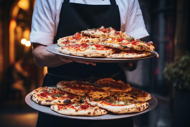 Photo personne portant une pile de pizzas à la viande lors d'une fête