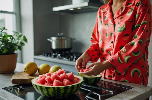 Une personne portant un pyjama à l'impression de pastèque alors qu'elle ba