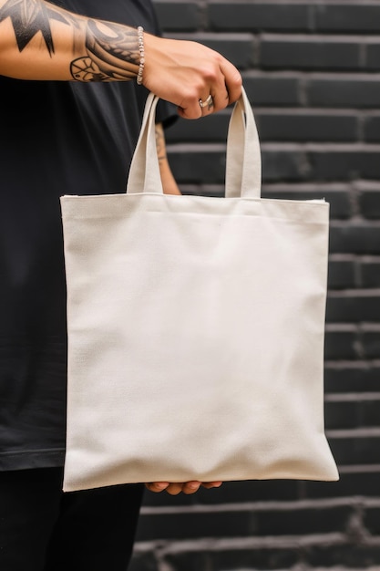 Photo une personne portant un sac fourre-tout vierge maquette de sac en toile générative ai