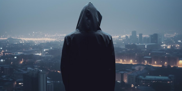 Une personne portant un sweat à capuche noir se tient sur un toit et regarde un paysage urbain.