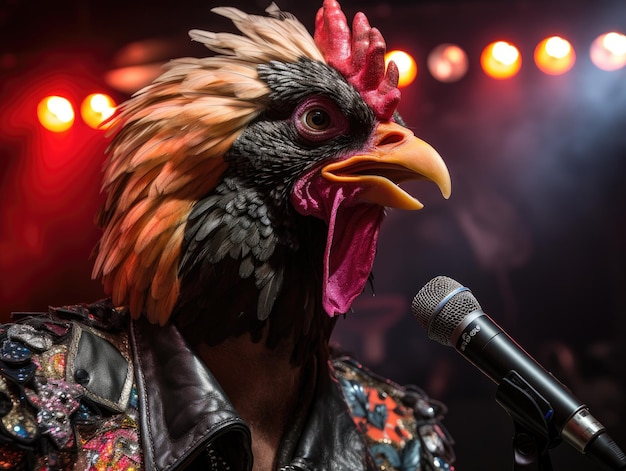 une personne portant une tête de poulet avec un microphone