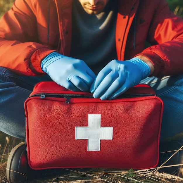 Photo une personne portant une veste rouge et des gants bleus s'agenouille et ouvre un sac de premiers soins rouge