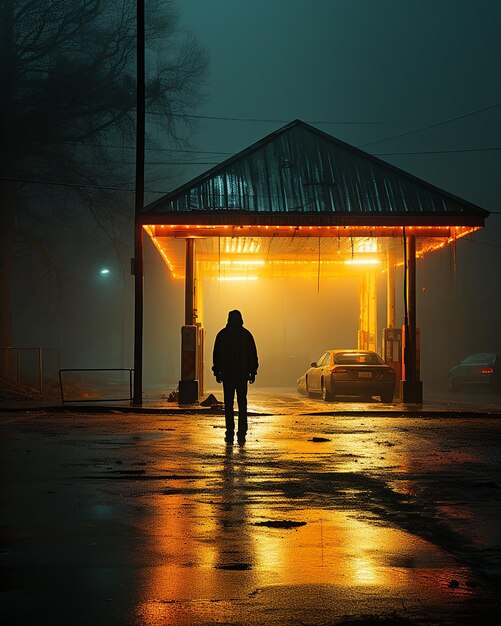 une personne porte un parapluie alors qu'elle passe devant la station-service la nuit