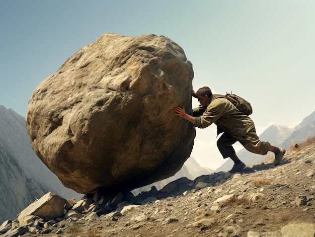 Une personne poussant un rocher géant dans un terrain montagneux illustrant le concept d'effort IA générative IA générative